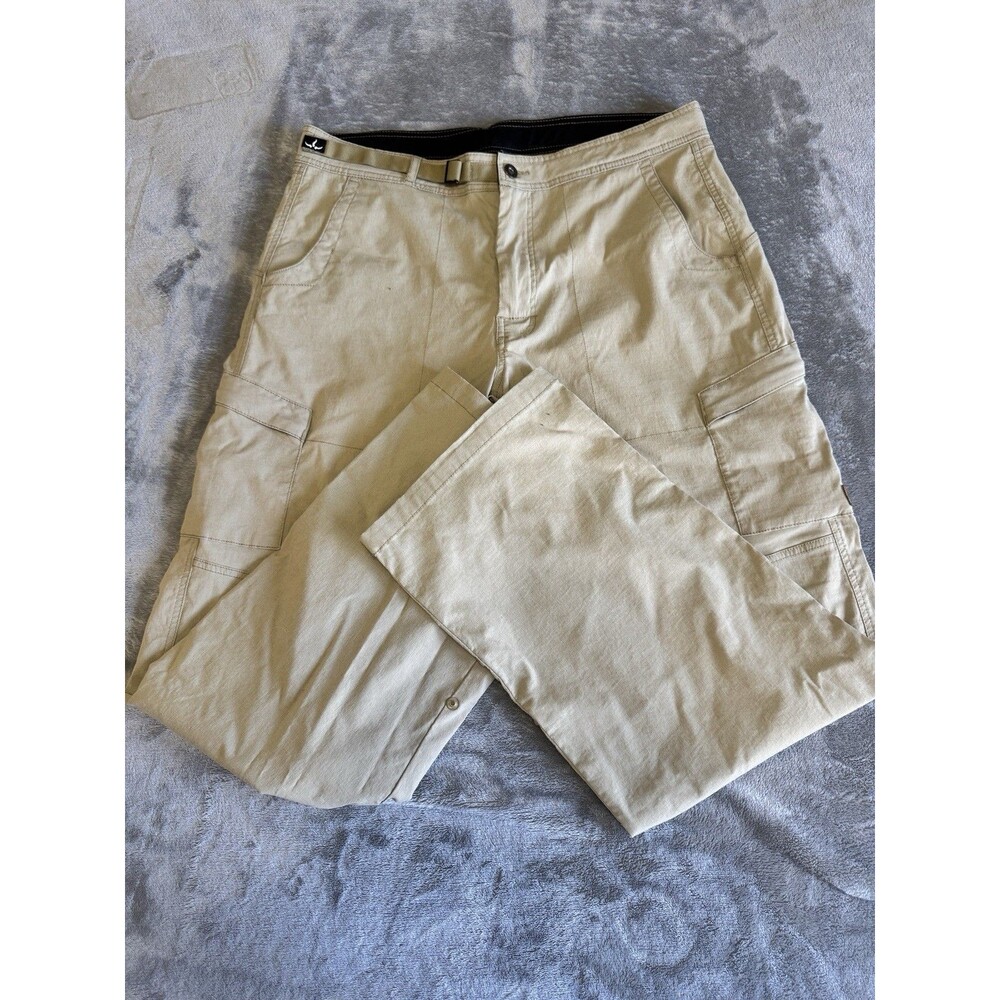 PrAna Pants Mens XL Khaki Hiking Cargo Snap Hem Stretch Outdoor Trail Travel